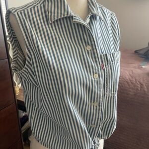 Levi's Blue & White Striped Sleeveless Button-Front Top